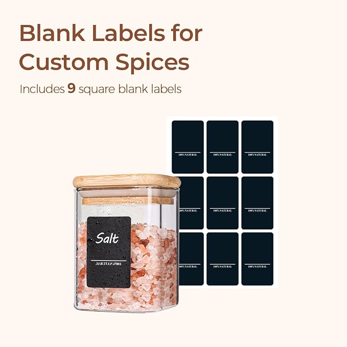 ComSaf Spice Jars 8oz Set of 6, Small Seasoning Containers with 9 Labels | Small Glass Jars With Labels, Empty Rectangle Canisters, Spice Rack Organization, Loose Tea, Herb, Powder, Dry Good, BPA Free