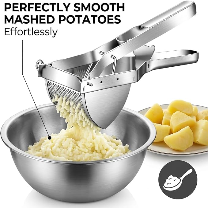 Stainless Steel Potato Ricer with Dough Scraper - Masher for Mashed Potatoes, Gnocchi & Fruit - Dishwasher Safe