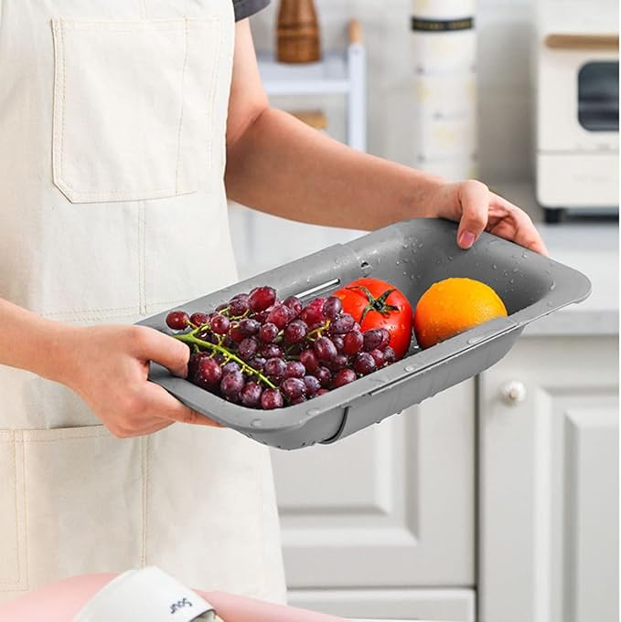 Collapsible Sink Colanders and Strainers Basket Extendable Plastic Fruit Vegetable Strainer Drainer Basket for Kitchen (Length 14.3 inch-19.4 inch) (Grey and white) 6 * 10