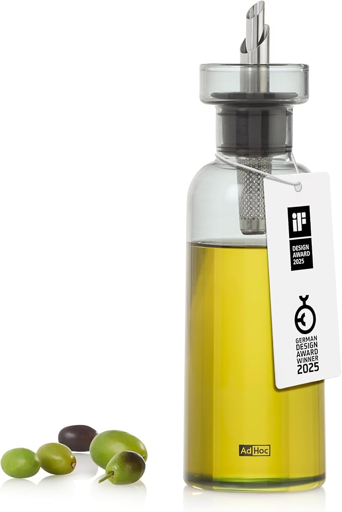AdHoc AromaPour Grey Glass Oil and Vinegar Bottle, 300ml Filtered Non-Drip Dispenser for Oil and Vinegar, Dishwasher Safe,