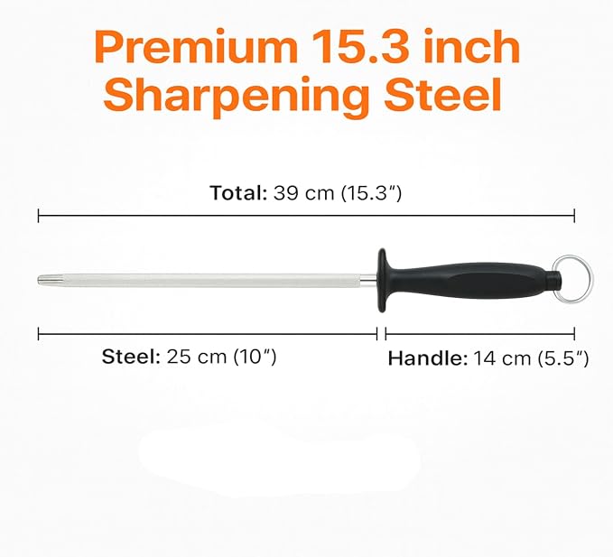 Honing Steel Rod 10 Inch, High Carbon Sharpening Steel Knife Sharpener with Non-Slip Ergonomic Handle, Professional Rod for Kitchen, Chef & Butcher Knives, Gift Box Included