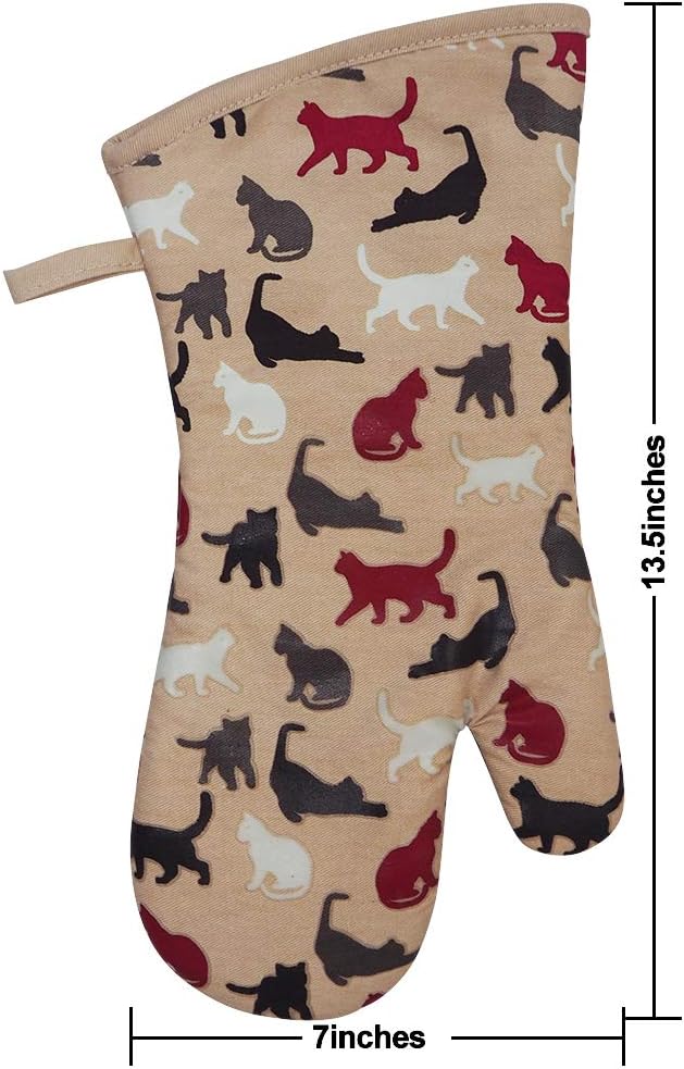 Oven Mitts Gloves 1 Pair Heat Resistant 480 ℉ Non Slip Clear Silicone Printed Comfortable Cotton Lining Kitchen Women Men Cooking Barbecue Microwave Machine Washable (Cat, Khaki Mittens)