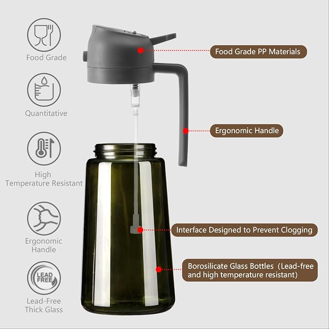 SWEET VIEW 2PCS Olive Oil Dispenser and Oil Sprayer | 16oz/470ml Glass Light-Proof Oil Pourer for Kitchen Air Fryer, Cooking, Salad, and BBQ, with Stickers