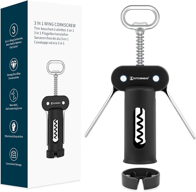 KITCHENDAO 3 in 1 Wing Corkscrew Wine Bottle Opener with Foil Cutter, Built-in Beer Bottle Opener, Multifunctional Wine Opener with Non-Stick Sharp Screw, Easy to Use, Manual Wine Corkscrew, Black
