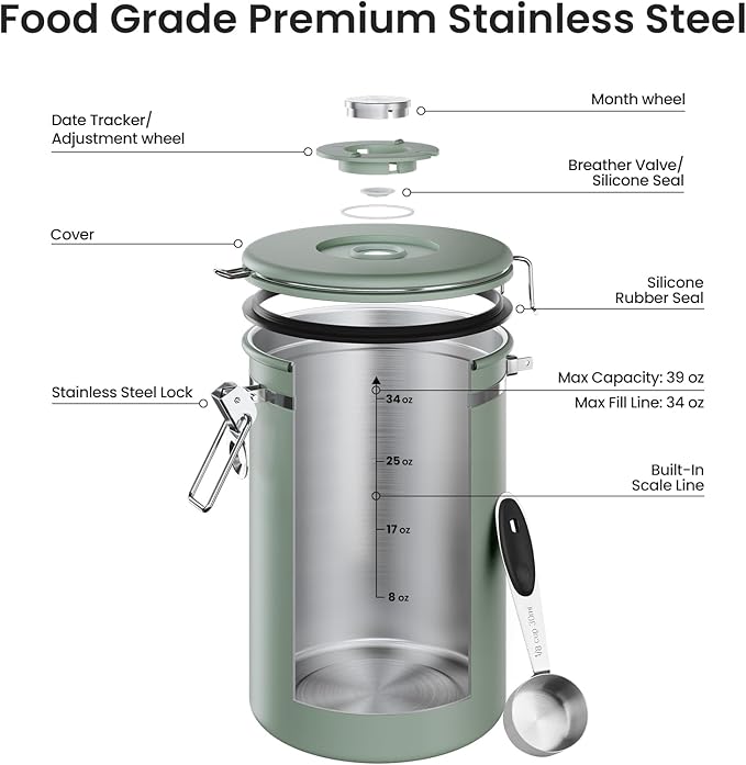 Veken Coffee Canister,39OZ, 2.2lbs,Large Airtight Stainless Steel Container | Kitchen Food Storage Jars for Beans,Ground, Espresso, Rice,Tea, Sugar, Cereal, Cookie, Gifts, Lids, Scoop, Green