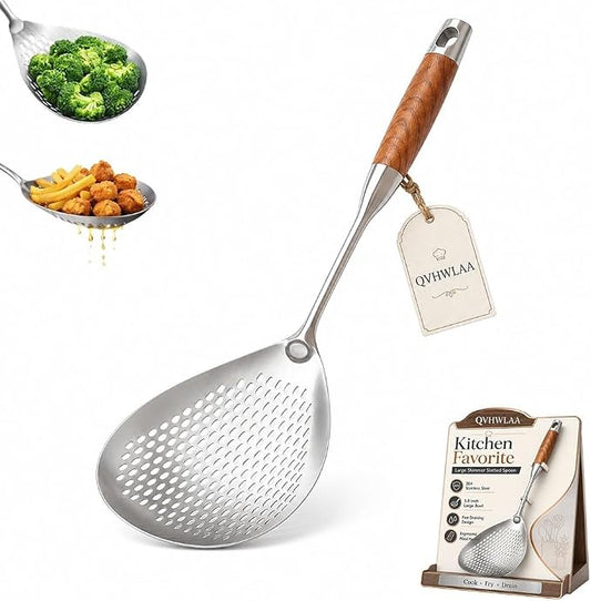 Wooden Handle Stainless Steel Skimmer, 16.8 Inch Metal Slotted Frying Spoon Spider Strainer for Deep Frying, Deep Fryer Scoop Ladle Kitchen Cooking Colander with Walnut Wood Handle(1pc)