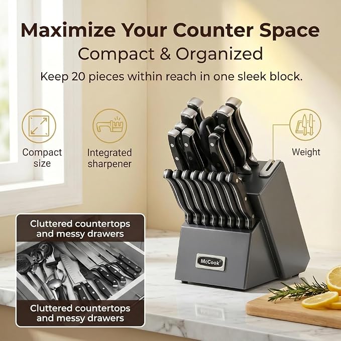 McCook® Knife Sets,German Stainless Steel Kitchen Knife Block Set with Built-in Sharpener, 20-Piece Razor-Sharp Kitchen Knives, Forged Triple Rivet,Full Tang,Ergonomic Handle,Elegant Box for Gift