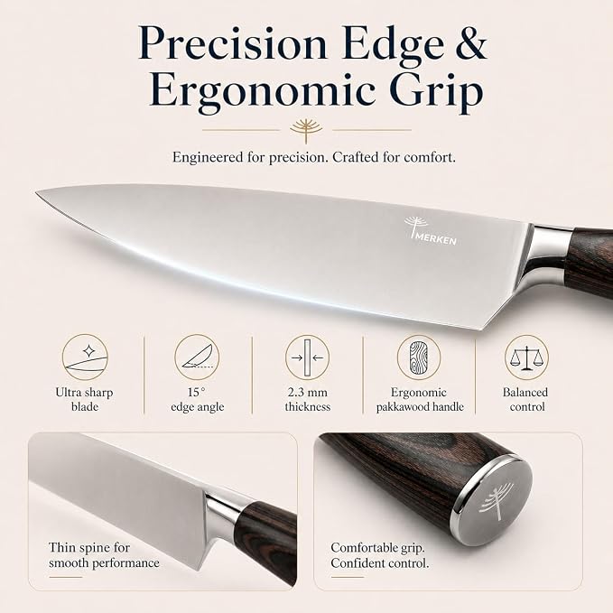 MERKEN 8 Inch Chef Knife, 5Cr15MoV High Carbon Stainless Steel Blade with Pakkawood Handle