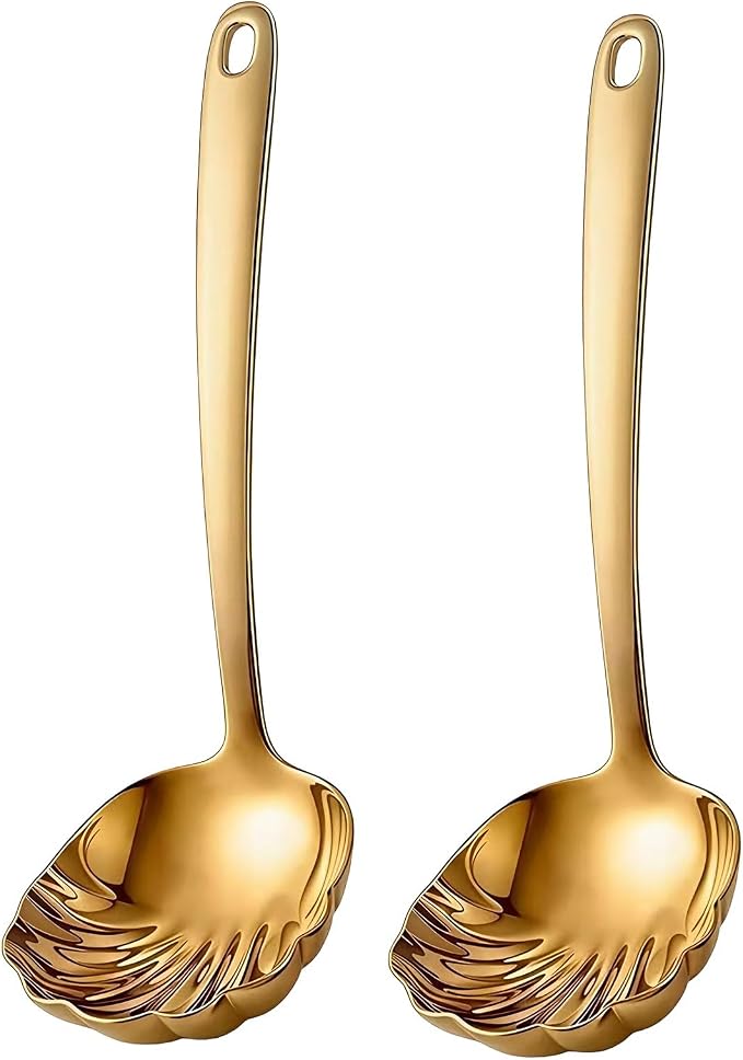 Gold Soup Ladle Set of 2, Premium 18/10 Stainless Steel Sauce Ladle with Artistic Shell-Shaped Design, 9-Inch Small Ladle for Serving Soup, Gravy and Sauce, Mirror Polished, Dishwasher Safe