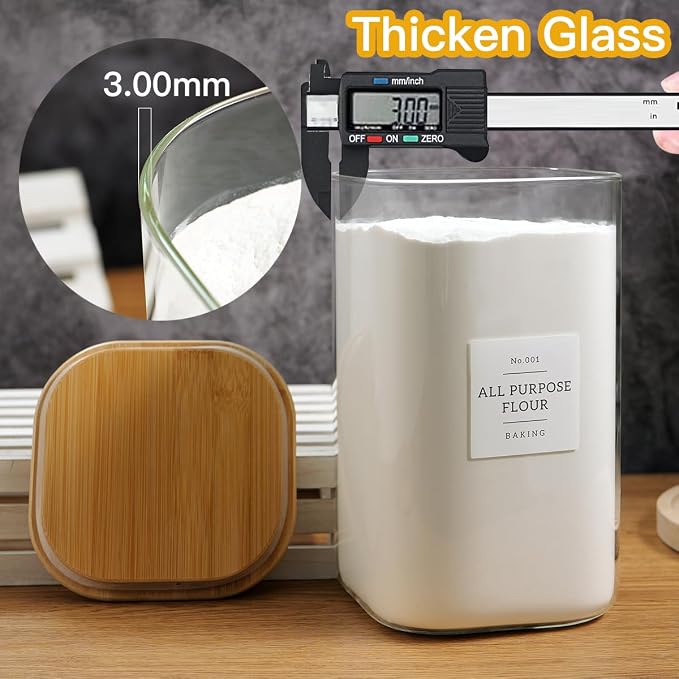 HHMJSM Large glass flour and sugar containers with 132 Kitchen Pantry Labels - 138 FL OZ Glass Food Storage Containers with Airtight Lids - Square Glass Jars Rice with Bamboo Lids
