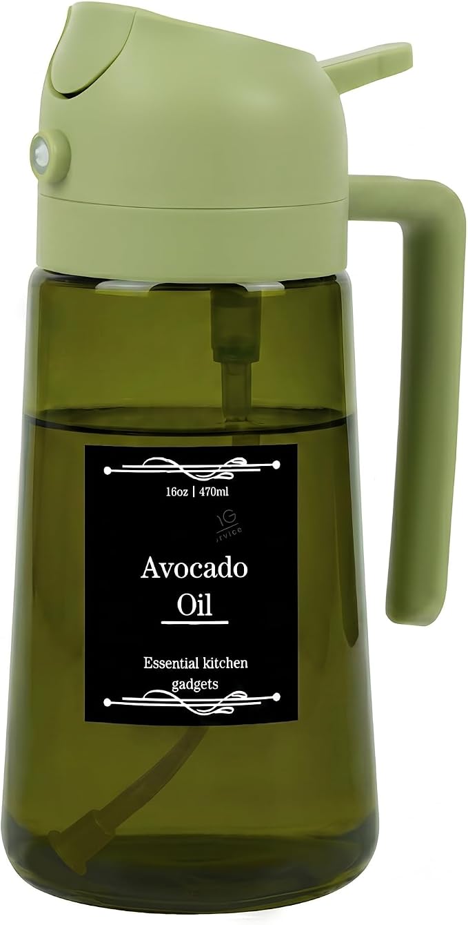 Oil Dispenser Glass Bottle, 16oz/470ml, 2 in 1 Oil Sprayer and Pourer, Light-Blocking Dark Glass, for Cooking, Air Fryer, Salad, BBQ (Green)
