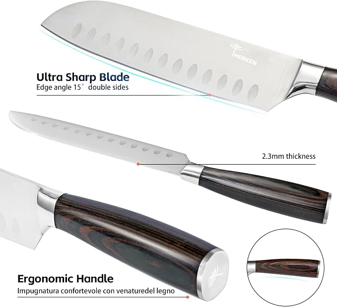 MERKEN Santoku Knife 7 Inch Japanese Multipurpose Kitchen Knife, Pakkawood Handle