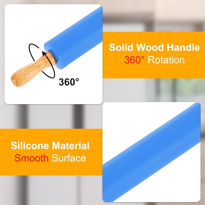 uxcell 6.7 Inch Silicone Rolling Pin and Pastry Baking Mat Set Small Dough Roller with Wood Handle for Pizza Pastry Fondant Home Kitchen, Blue