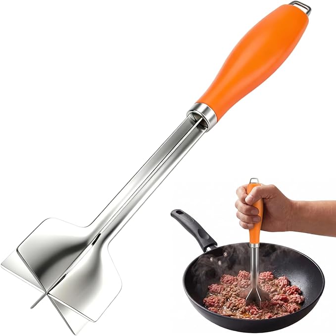 Stainless Steel Meat Chopper Masher, 6 Blade Ground with Plastic Handle | 11.4 Inch Potato fruits Masher and tenderizes meat Hamburger Smasher, Mix and Chop Kitchen Tool for Taco Meat