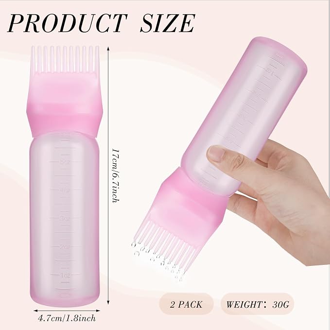 Pimoys 2Pcs 6Oz Root Comb Hair Dye Oil Applicator Bottles For Scalp, Pink | Plastic Squeeze Bottle Dispenser with Graduated Scale, Comb Tip Applicator For Hair Coloring Scalp Oiling, Home Salon Use