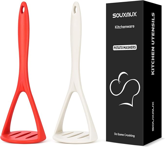 2-Pack Silicone Potato Masher - Heavy Duty, Non-Scratch, Dishwasher Safe | Mashing potatoes, avocado, baby food. Heat-safe 450°F. Soft-grip, BPA-free, seamless. Gentle on pans.