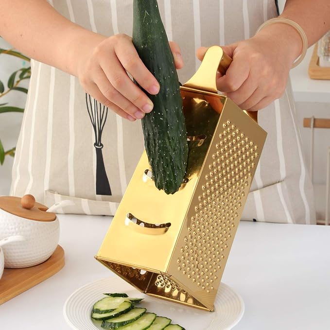 Handheld Cheese Grater Box for Kitchen, Stainless Steel 4 Sided Cheese Grater with Handle for Grinding Shredding & Slicing, Dishwasher Safe (Gold)