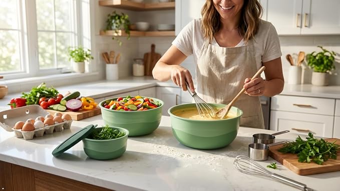 Pera Mixing Bowls with Lids, 8-Piece Airtight Leak-Proof Nesting BPA-Free Prep Bowl Set for Kitchen & Food Storage, Large 4200ml Capacity, Microwave & Dishwasher Safe(Green)