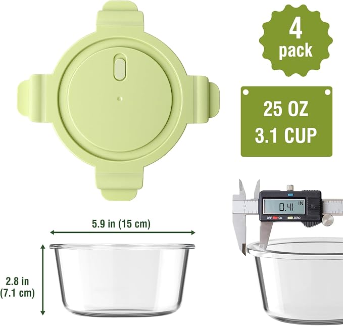 25oz Glass Meal Prep Containers for Food Storage with Airtight Lids, 4 PACK | Leakproof丨Air Vent Lid丨Borosilicate Glass丨BPA-Free丨Soup Lunch Leftovers丨Microwave Oven Dishwasher&Freezer Safe丨Round