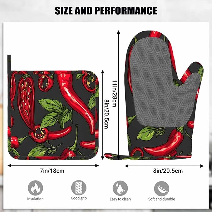 Mxocom Mexican Hot Pepper Chili Oven Mitts and Pot Holders Sets Slices Halves Crushed Pieces and Branch Organic Healthy Red Silicone Heat Resistant Kitchen Oven Gloves Pot Holder for Cooking