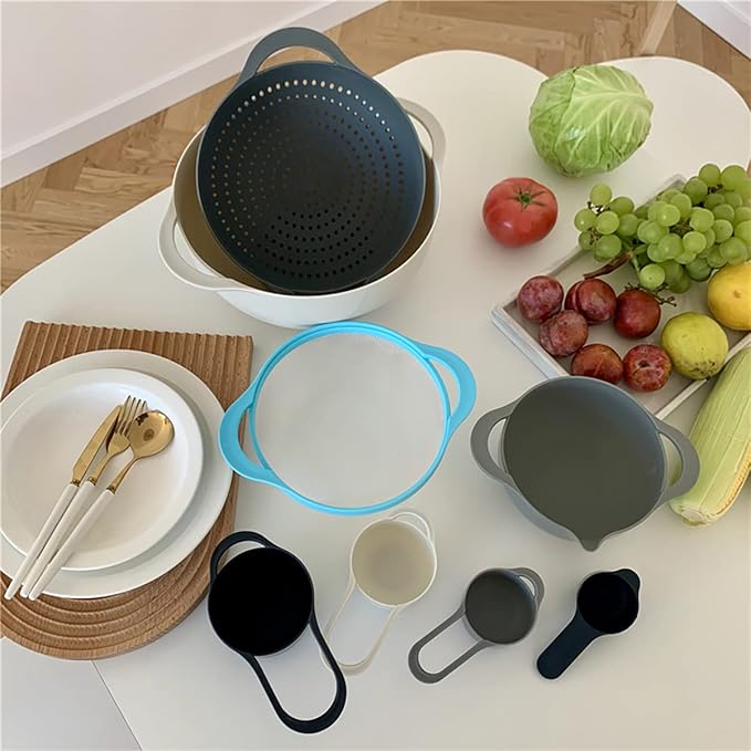 Plastic Nesting Bowls Set, 8 Pieces | 2 Mixing Bowls, Colanders, 4 Measuring Cups, Sifter for Baking, Food Prep, RV Camping Accessories