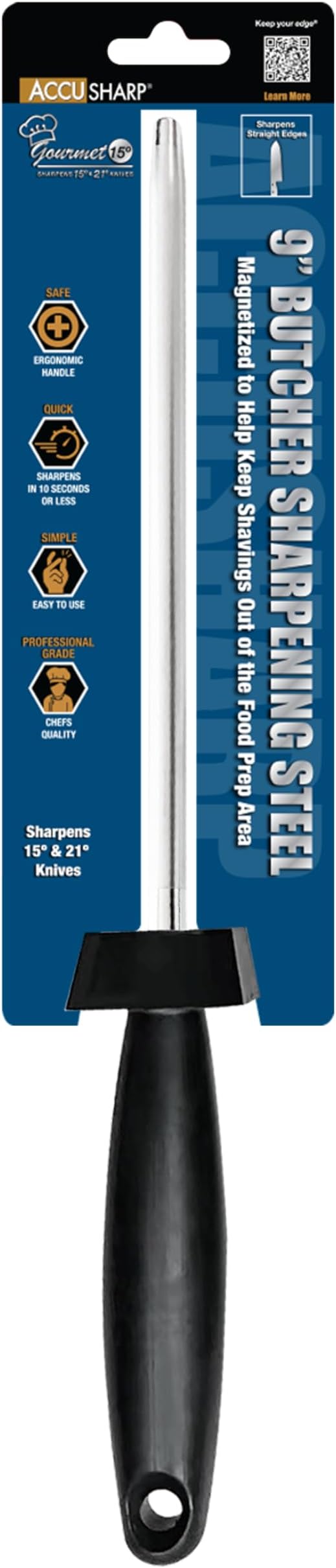 AccuSharp Butcher Sharpening Steel – 9” Knife Honing Rod with Angle Guides (15°/21°), Magnetized Professional Knife Sharpener Rod for Kitchen & Chef Use