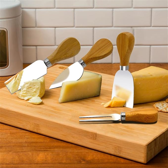 4pcs Cheese Knives Set Cheese Cutlery Steel Stainless Cheese Slicer Wood Handle Mini Knife,Butter Knife,Spatula& Fork Butter Cutter