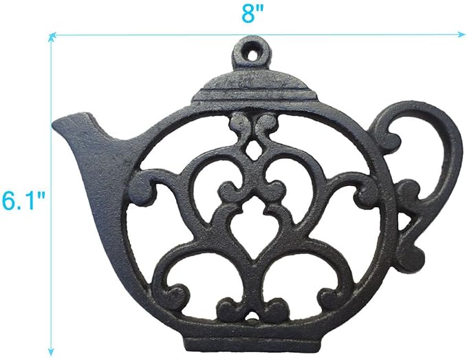 Teapot Cast Iron Trivet for Hot Pots & Kitchen & Dining Table, Gift for Home, Metal Wall Art & Home Decor, 2 or More for Set, Black, 8 by 6.1 Inches