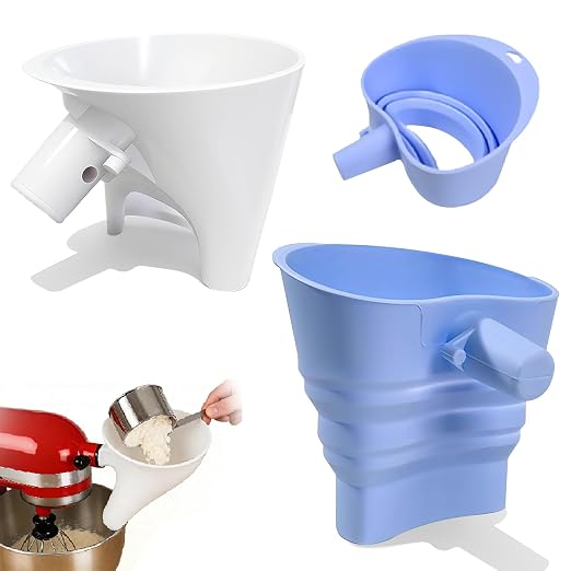 2Pcs Flour Funnel for Kitchen Aid Mixer, Plastic & Silicone Flour Funnel, Stand Mixer Attachment for 4.5–5 Qt Tilt-Head Models(KSM150), Flour & Egg Liquid are Easy to Pour, Dishwasher Safe