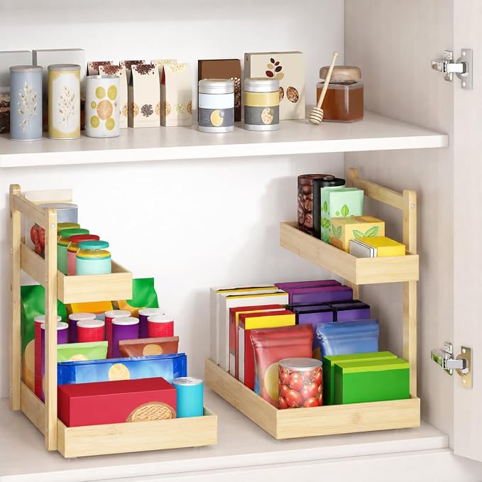 Bamboo Under Sink Organizer, 2-Tier Pull Out Cabinet Organizer | Kitchen Sink Organizer | Bathroom Cabinet Organizer | Cleaning Supply Storage | L-Shape | 3-Level Adjustable | Natural Bamboo