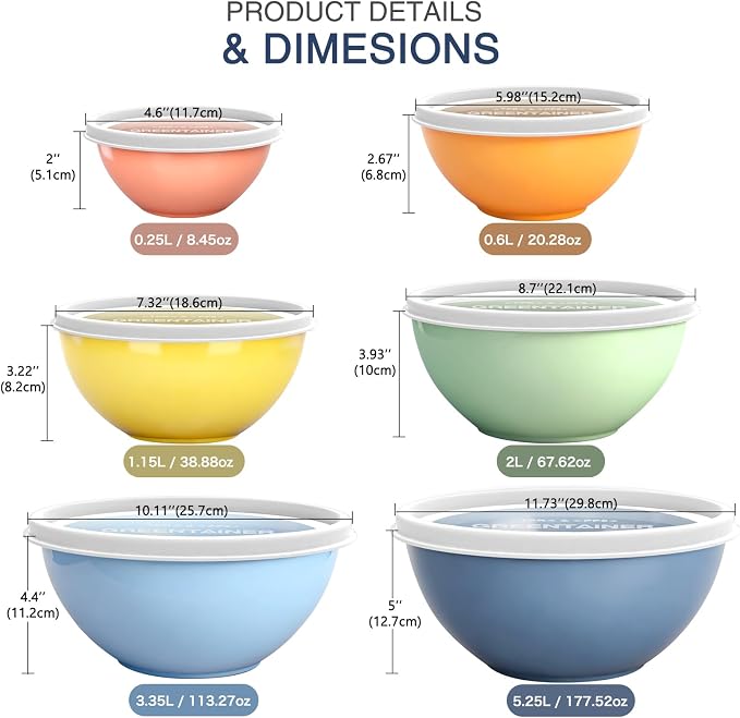 Greentainer Plastic Mixing Bowls with Lids Set for Kitchen, 6 Set Nesting Bowls for Mixing, Baking, Prepping, Cooking and Serving Food, Mixing Bowls Dishwasher, Microwave Safe