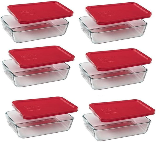 Pyrex 7210 3-Cup Dish & 7210-PC Red Food Storage Lid (6-Pack) - Made in USA | BPA-Free Plastic | Rectangular Shape | Replacement Cover | Top-Rack Dishwasher Safe | Snug Seal