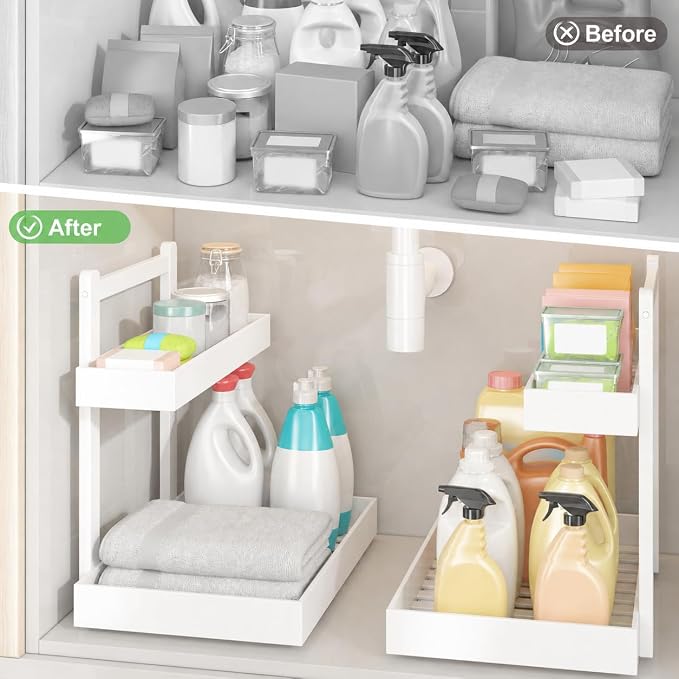 Bamboo Under Sink Organizer, 2-Tier Pull Out Cabinet Organizer | Kitchen Sink Organizer | Bathroom Cabinet Organizer | Cleaning Supply Storage | L-Shape | 3-Level Adjustable | Natural Bamboo