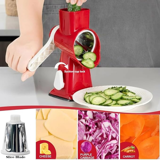 YOUCZON Rotary Cheese Grater Multi-Purpose Stainless Steel Cheese Shredder | rotary grater with strong suction, ergonomic handle and food pusher for fast, safe slicing and shredding.
