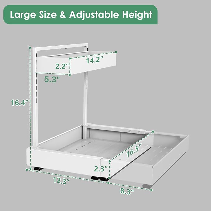 L-Shaped Under Sink Organizer with 6-Level Height Adjustment | Expandable Width, Pull-Out Cabinet Storage Rack with Quiet Sliding Rails for Kitchen, Bathroom, Laundry Room Cabinets, White