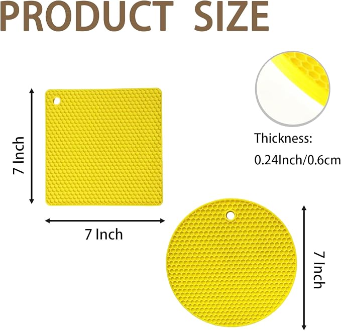 6-Pack Silicone Trivet Mats, Heat Resistant Hot Pads, Dishwasher Safe Kitchen Mats, BPA-Free Pot Holders for Table, Countertop, Stove, Honeycomb Design (Yellow, 7” Square/Round)