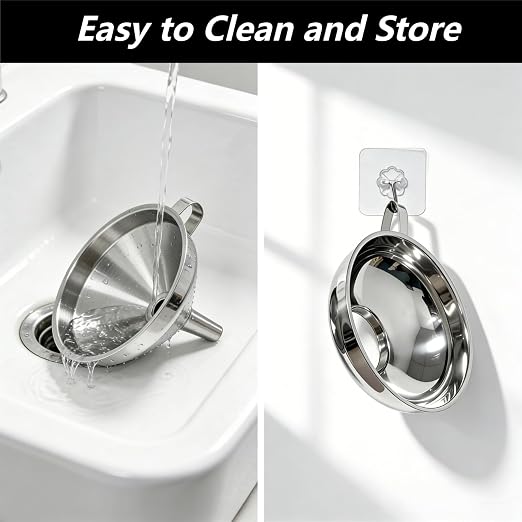 Stainless Steel 2 Pack Funnel Set Long Spout Funnel for Narrow Neck Bottles (Oil, Sauce) Wide Mouth Funnel for Mason Jars, Canning with 200μm Fine Mesh Strainer & Removable Filters (Large Set)