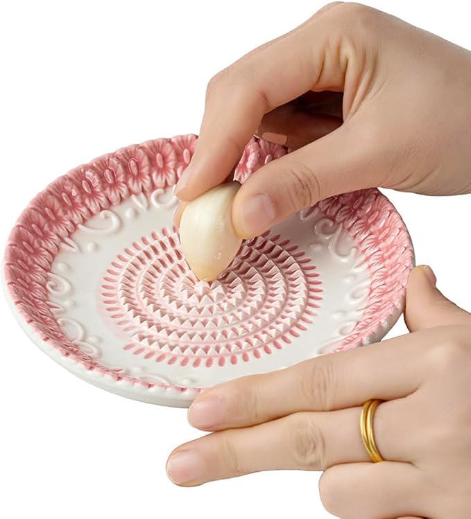 BonCera, All-in-one Premium Ceramic Garlic Grater Plate 4-Piece Set - Pink Embossed Design and Style - For Garlic, Ginger, Chocolate, and more! - Comes with 5.25" Plate, Peeler, Brush, and Stand
