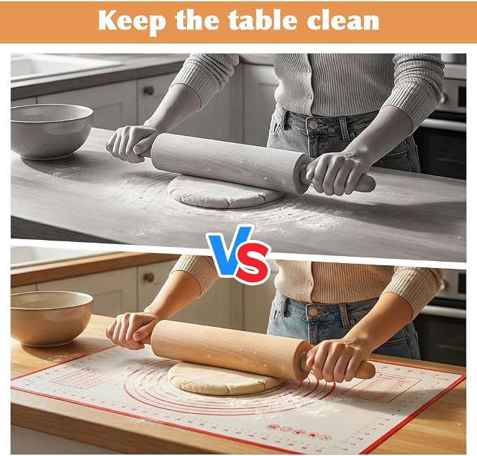 Wood Rolling Pin with Silicone Baking Mat Wood Base, Non Stick Dough Roller with Handle, Fondant Roller Beech Rolling Pins for Baking Pizza Pastry Bread Cookies