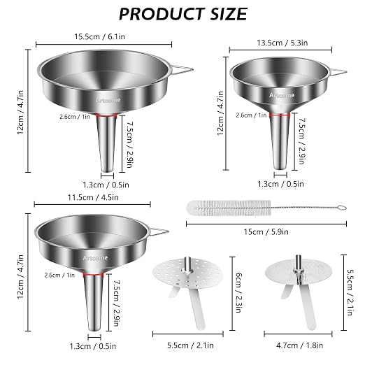 Artcome 3 Pcs Stainless Steel Kitchen Funnel Set, Food Grade 3-in-1 Metal Funnel, Ideal for Transferring of Liquid, Sauce, Jam, Particles & Powder - Dispensing Funnels with Strainers - Dish-Wash Safe