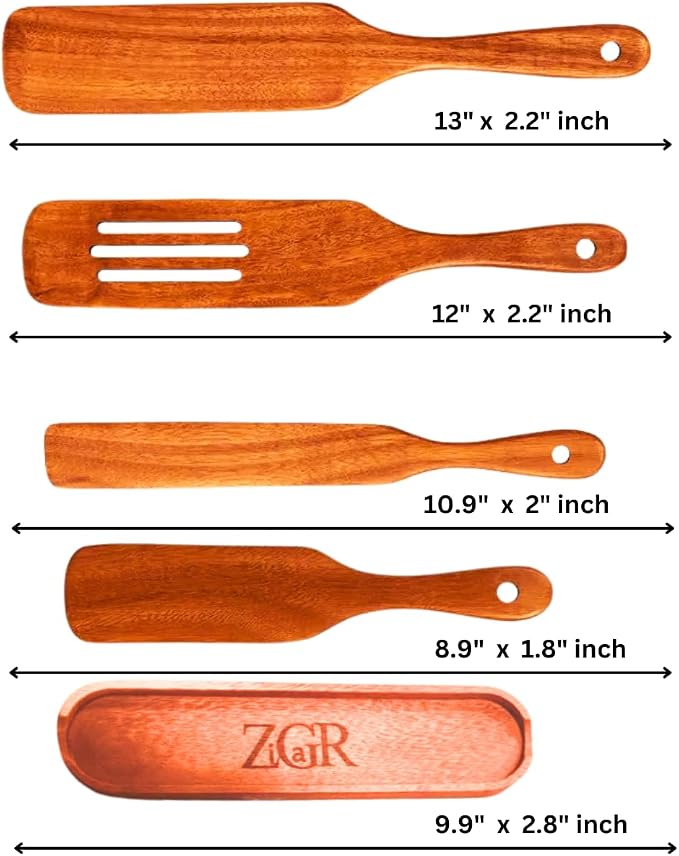 Wooden Spatula - 5Pcs Teak Wood Spurtle Utensils Set – Non Toxic Spatula - Spurdle with Rest - Heat-Resistant – Spurtle for Sourdough Starter - Mixing, Cooking, Serving Spoon- NonStick - A Gift