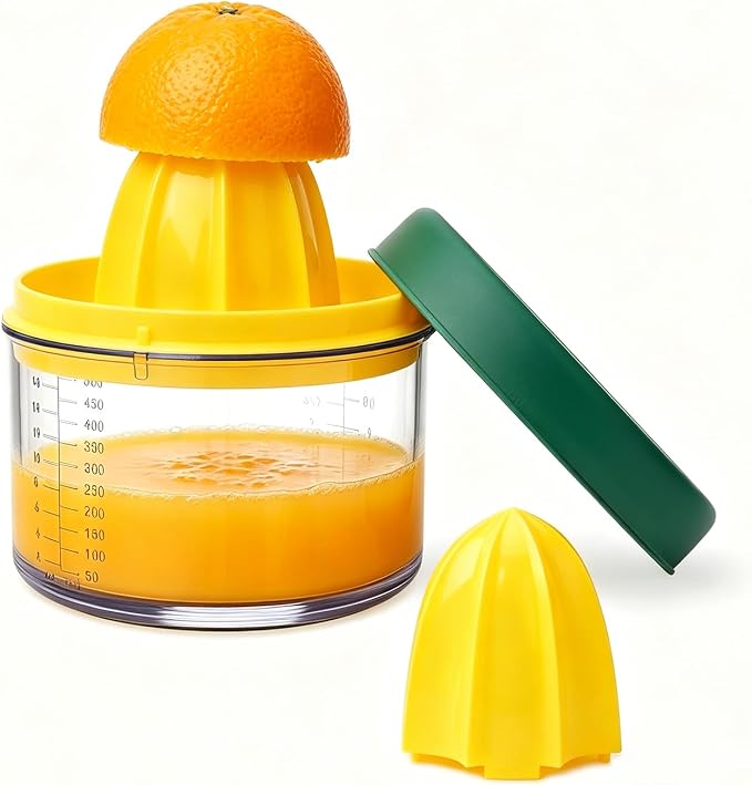 KITCHENDAO 2 in 1 Lemon Orange Citrus Juicer with lid for Sanitary Storage, Manual Hand Squeezer with Built-in 16OZ Measuring Cup, Multi-function Manual Juicer with Reamers and Non-Slip Base, BPA Free