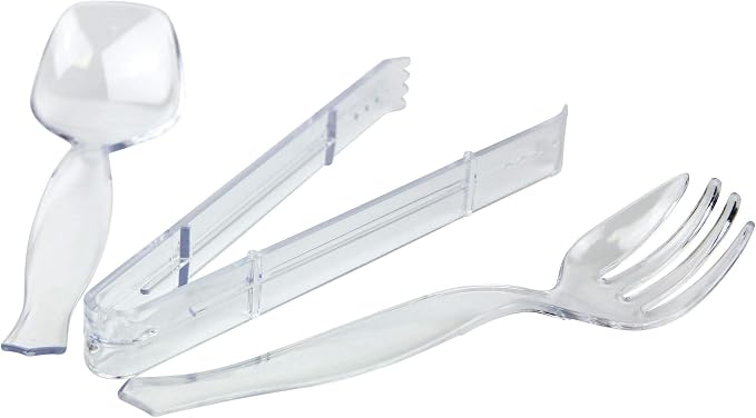 Fit Meal Prep [30 Pack] 10 x 8.5" Spoons, 10 x 8.5" Forks, 10 x 9" Tongs Combo, Clear Disposable Plastic Serving Utensils Set, Heavy Duty Catering Supplies, Wedding, Birthday Party, Buffet