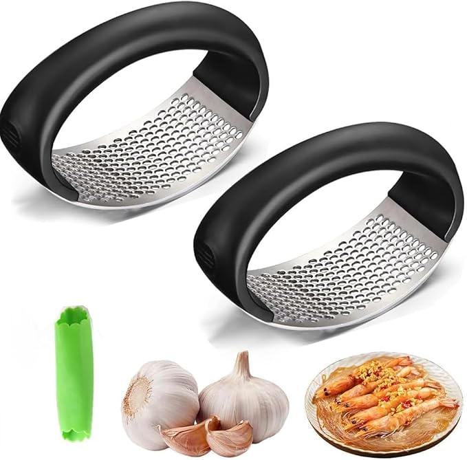 Garlic Press Stainless Steel, Manual Garlic Mincer & Crusher with Garlic Peeler Tube, Easy to Clean Dishwasher Safe Kitchen Tool for Garlic & Ginger (2)