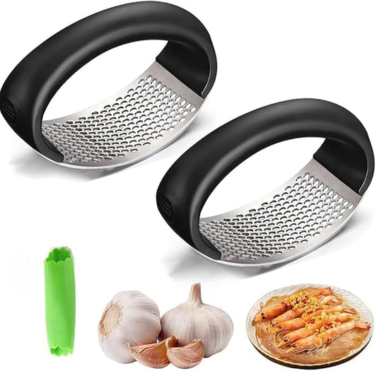 Garlic Press Stainless Steel, Manual Garlic Mincer & Crusher with Garlic Peeler Tube, Easy to Clean Dishwasher Safe Kitchen Tool for Garlic & Ginger (2)