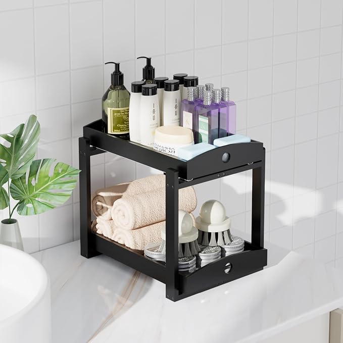 2 Pack Bamboo Under Sink Organizer, 2-Tier Pull-Out Drawers, Kitchen & Bath | Pull-out drawers keep cleaners and tall bottles visible, organized and easy to reach in kitchen or bathroom cabinets