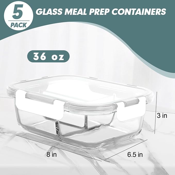 Glass Meal Prep Containers 3 Compartments, 5 Pack 36 oz, White | Glass Food Storage Containers with Lids, Airtight Lunch Bento Box, Portion Control, Freezer and Microwave Safe