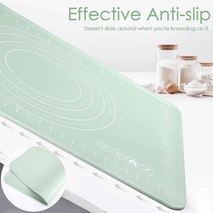 Silicone Pastry Mat, Non Slip Dough Mat with Measurements and Raised Edges, Food Grade Silicone Countertop Baking Mat for Rolling Dough, Kneading Bread, Cookies, Pizza, Pie Crust