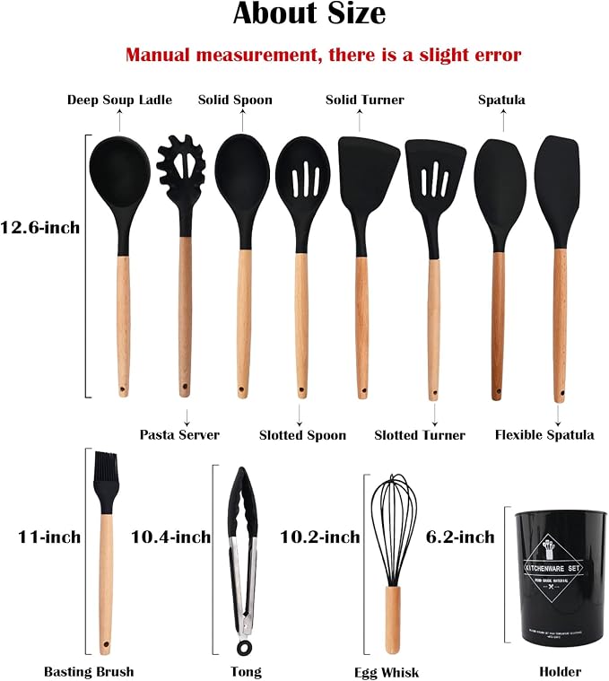 Silicone Black Kitchen Utensil Set with Holder, 12 Pcs Spatula Set for Cooking, Heat Resistant Kitchen Tools Spoon Turner Whisk for Cookware.