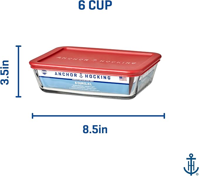 Anchor Hocking SnugFitTM Rectangular Food Storage Containers with Lids (4-Piece, 6-cup, Red, oven-safe)
